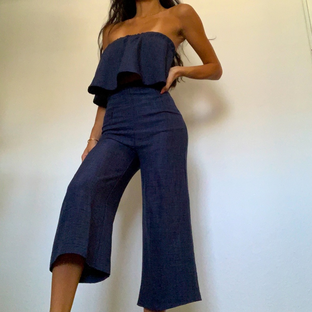 ANGL Blue Strapless 2 Piece with Ruffled Top and Wide-Leg Design